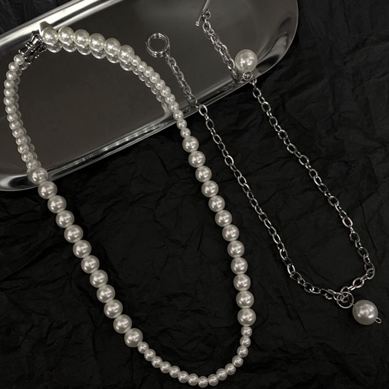 Dây Chuyền Hai Lớp Đính Ngọc Trai Phong Cách Hip Hop