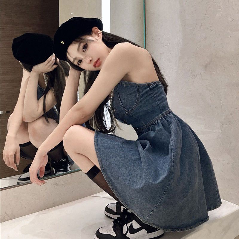Đầm Denim Dáng Ôm Hở Vai Phong Cách Retro Thời Trang Mùa Hè Dành Cho Nữ