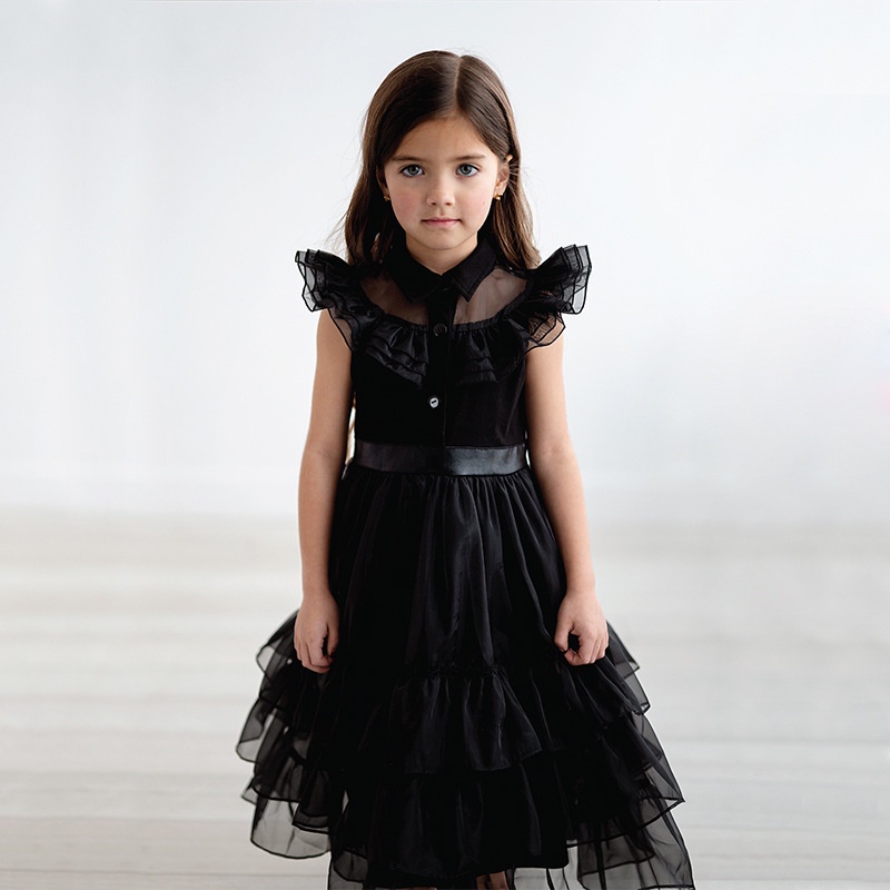 Đầm Hóa Trang Halloween Nhân Vật Addams Cho Bé Gái 3-10 Tuổi