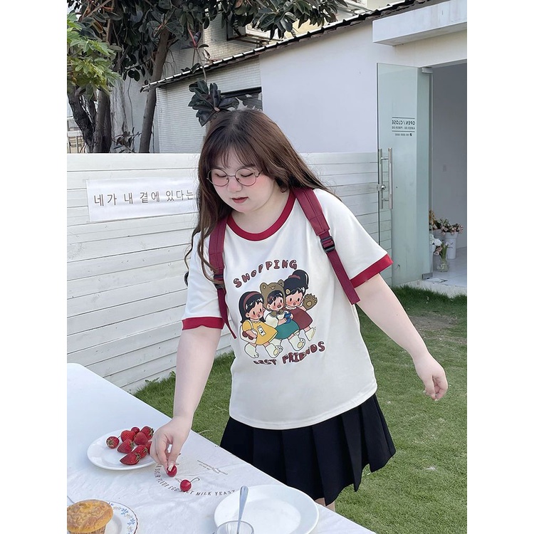 Áo Thun Tay Ngắn Dáng Rộng Cỡ Lớn 300KG 300KG Che Bụng In Họa Tiết Dễ Thương Thời Trang Mùa Hè Cho Nữ