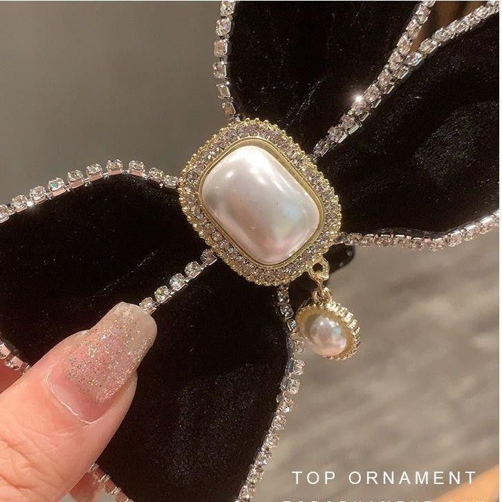 Dây Cột Tóc Màu Đen Chất Nhung Đính Nơ Màu Vàng Phong Cách Hàn Quốc Sang Trọng Cho Nữ