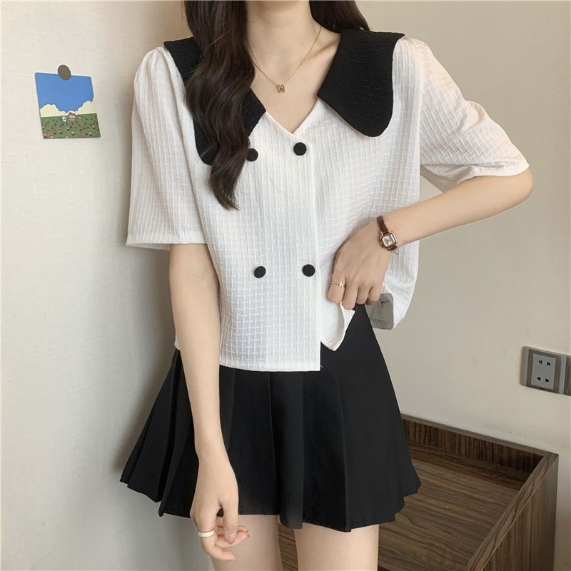 Áo Sơ Mi Tay Ngắn Cổ Búp Bê Màu Sắc Tương Phản Cỡ Lớn 300Kg Thời Trang Mùa Hè Cho Nữ