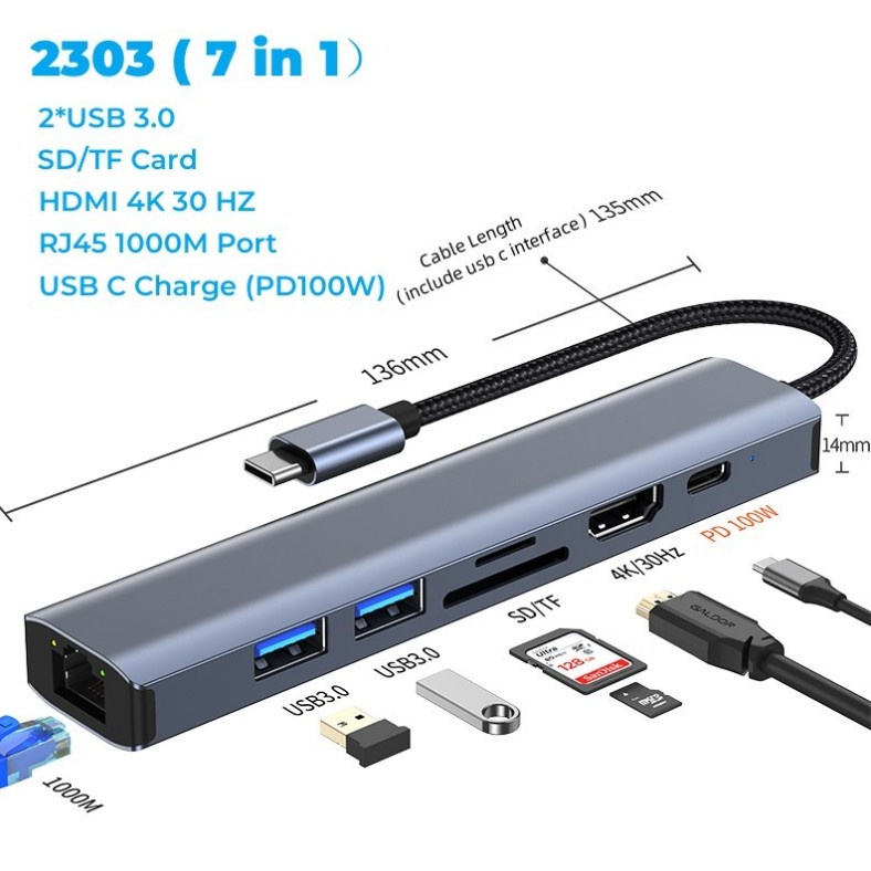 Đế Sạc USB C 3.1 HUB USB 3.0 RJ45 1000M PD 100W HDMI 4K 30HZ Cho Laptop Macbook