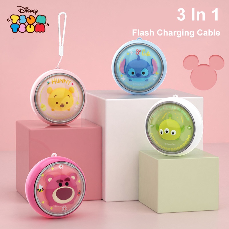 DISNEY Cáp Sạc Nhanh 2.4A 3 Trong 1 Rút Được in Hình Winnie The Pooh Minnie Dâu Tây Gấu Pooh Lotso Stitch Alien Type-C