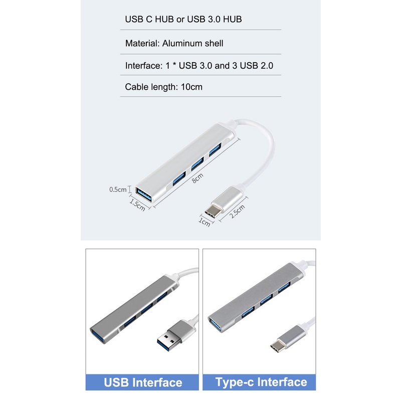 Bộ Chia 4 Cổng USB 3.0 Type C 3.1 4 Trong 1 OTG 5Gbps Cho Laptop / Điện Thoại / Máy Tính Bảng