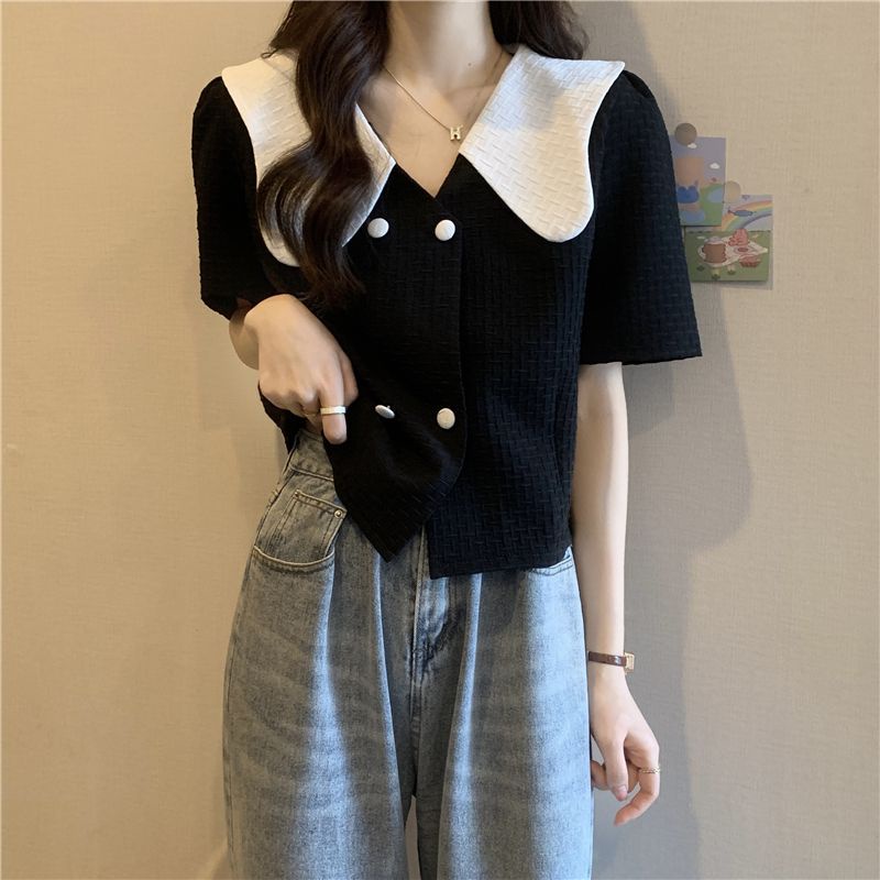 Áo Sơ Mi Tay Ngắn Cổ Búp Bê Màu Sắc Tương Phản Cỡ Lớn 300Kg Thời Trang Mùa Hè Cho Nữ