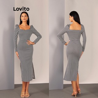 Lovito Đầm Tay Loe Xẻ Tà Họa Tiết Răng Cưa Màu Đen Và Trắng Thanh Lịch L20D1565