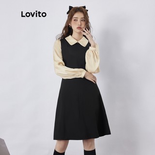 Lovito Vintage Patchwork Tương phản Búp bê Cổ áo Nướng Dài tay Phụ nữ Váy L35AD065 (Đen)