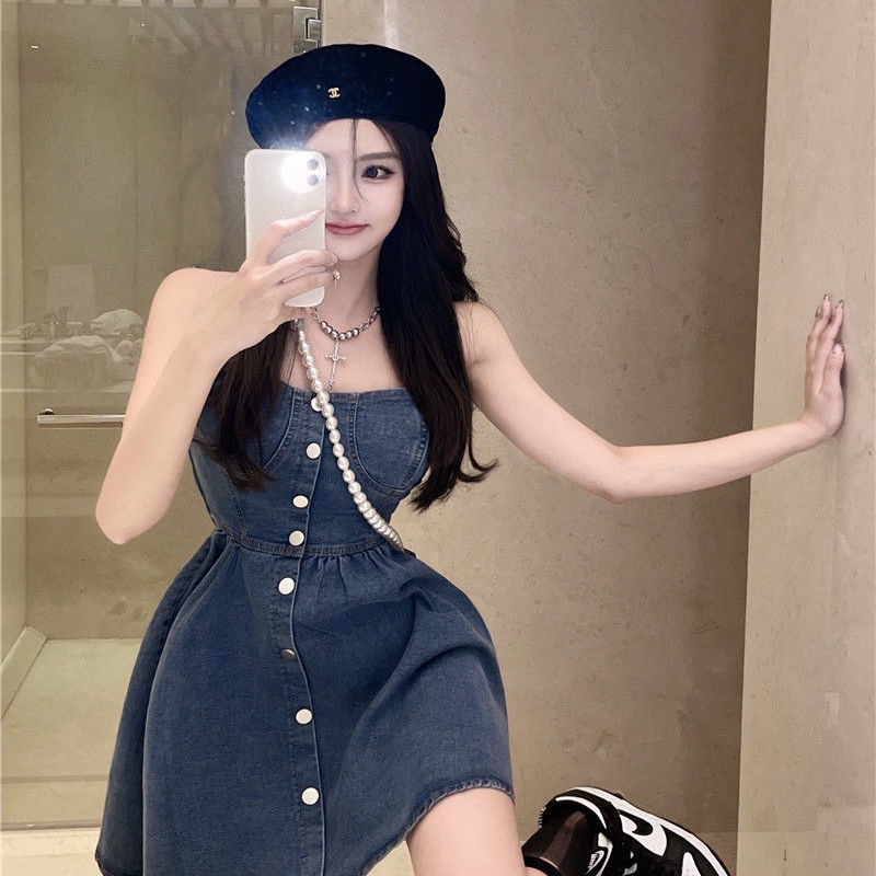 Đầm Denim Dáng Ôm Hở Vai Phong Cách Retro Thời Trang Mùa Hè Dành Cho Nữ