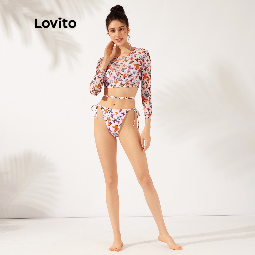 Set bikini Lovito thắt nơ hình bướm áo dài tay cổ tròn miếng đệm có thể tháo rời L23AD062 (nhiều màu sắc)