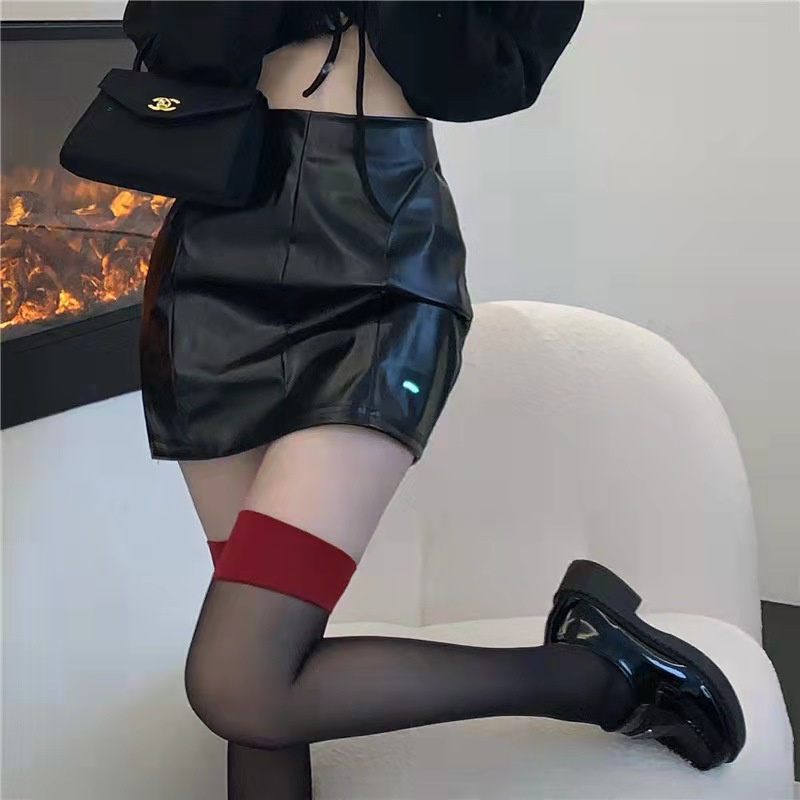 Vớ Lưới Lụa Mỏng Dài Qua Gối Viền Đỏ Đen Chống Trượt Gợi Cảm