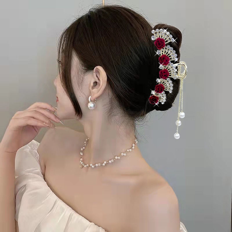 [Magpie] Kẹp Tóc Đính Kim Cương Giả Màu Đỏ Dạng Tua Rua Cao Cấp Dành Cho Nữ