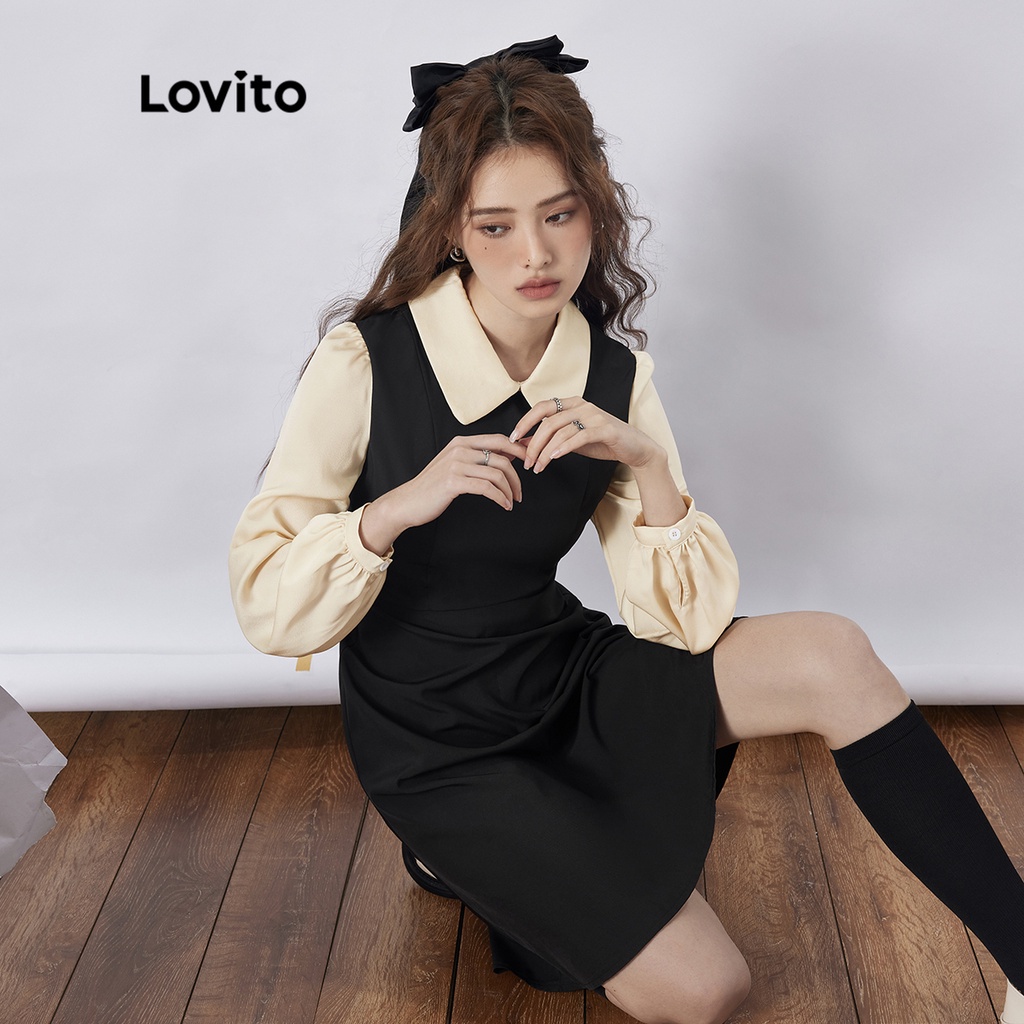 Lovito Vintage Patchwork Tương phản Búp bê Cổ áo Nướng Dài tay Phụ nữ Váy L35AD065