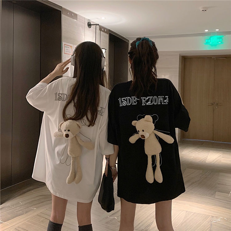 Thời trang và độc đáo gấu hình T-shirt, 3D stereo búp bê gấu bông nguyên chất đầu trang phục gia đình cho các cặp vợ chồng Áo Thun Nữ Tay Ngắn Cổ Tròn Có Gấu Bông Dễ Thương