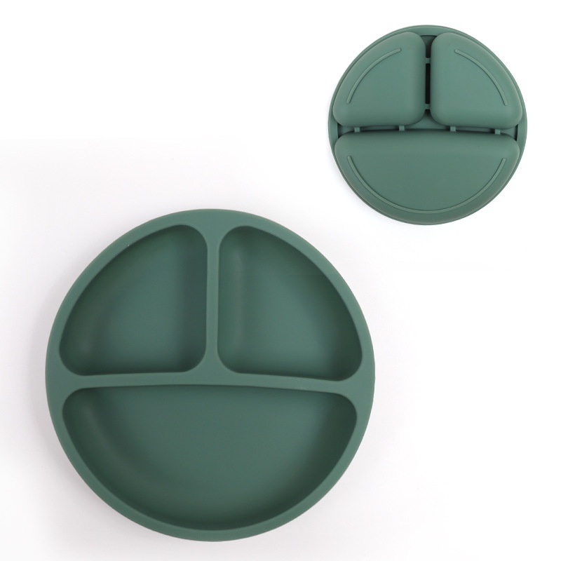 Khuôn mặt tươi cười Silicone trượt cơ sở, 3 ngăn cho trẻ sơ sinh và trẻ nhỏ ăn khay，Bộ Đĩa Muỗng Nĩa Silicone Cao Cấp Cho Bé