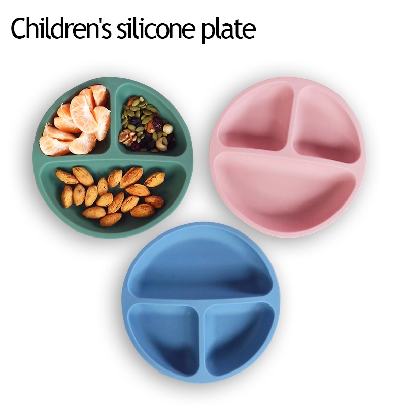 Khuôn mặt tươi cười Silicone trượt cơ sở, 3 ngăn cho trẻ sơ sinh và trẻ nhỏ ăn khay，Bộ Đĩa Muỗng Nĩa Silicone Cao Cấp Cho Bé