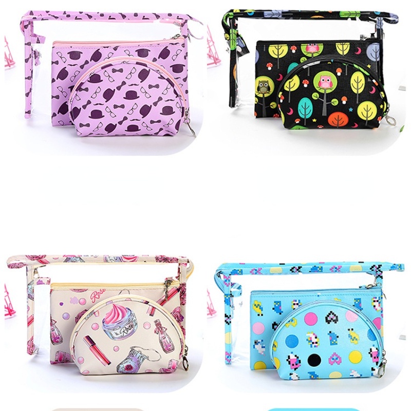 Túi Đựng Mỹ Phẩm Bằng Da PVC Trong Suốt In Họa Tiết Xinh Xắn Túi Rửa Tay Khi Đi Du Lịch