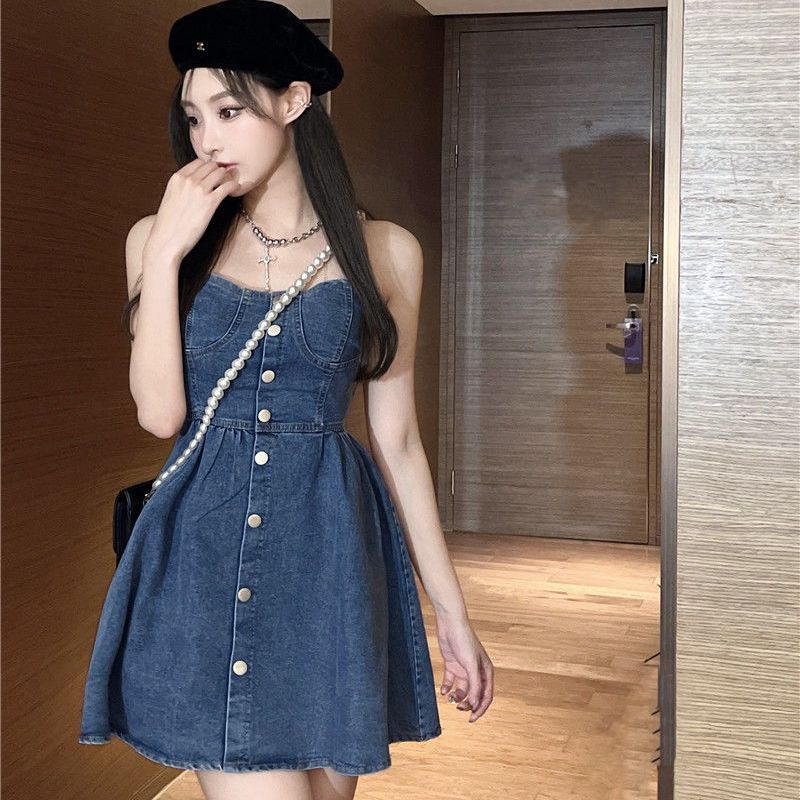 Đầm Denim Dáng Ôm Hở Vai Phong Cách Retro Thời Trang Mùa Hè Dành Cho Nữ