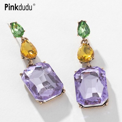Khuyên tai Pinkdudu PD712 hợp kim dáng dài mặt thủy tinh kiểu khối lập phương phong cách boho thời trang cho nữ