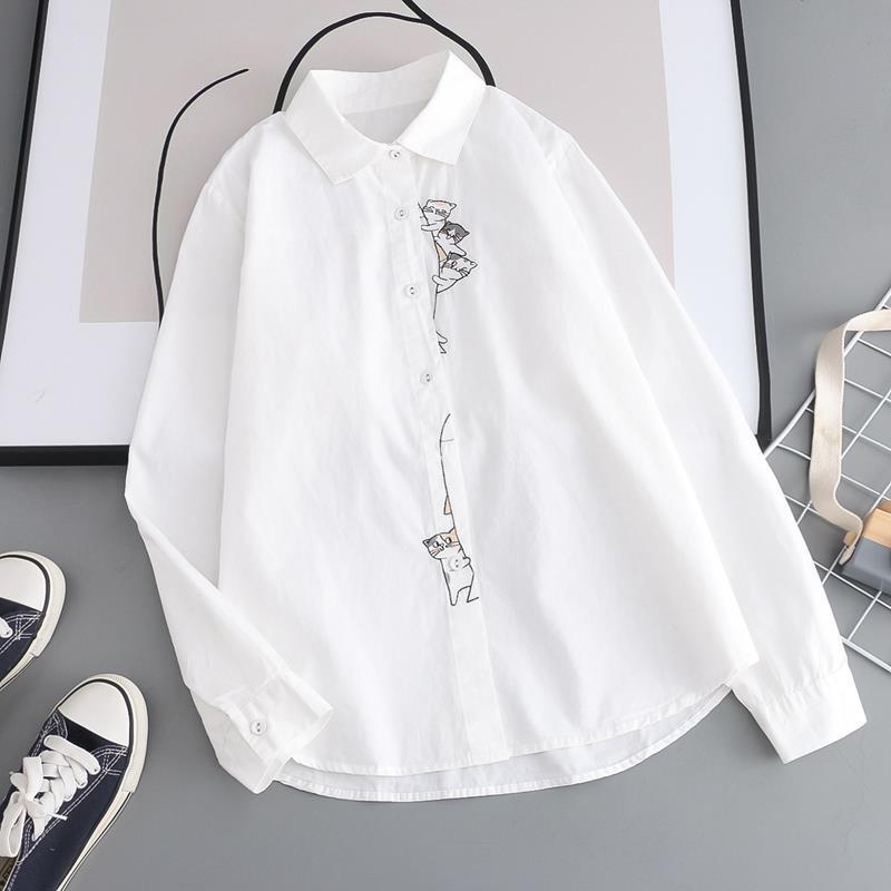 Áo Sơ Mi Tay Dài Vải Cotton Thêu Hình Mèo Thời Trang Xuân Thu Cho Nữ