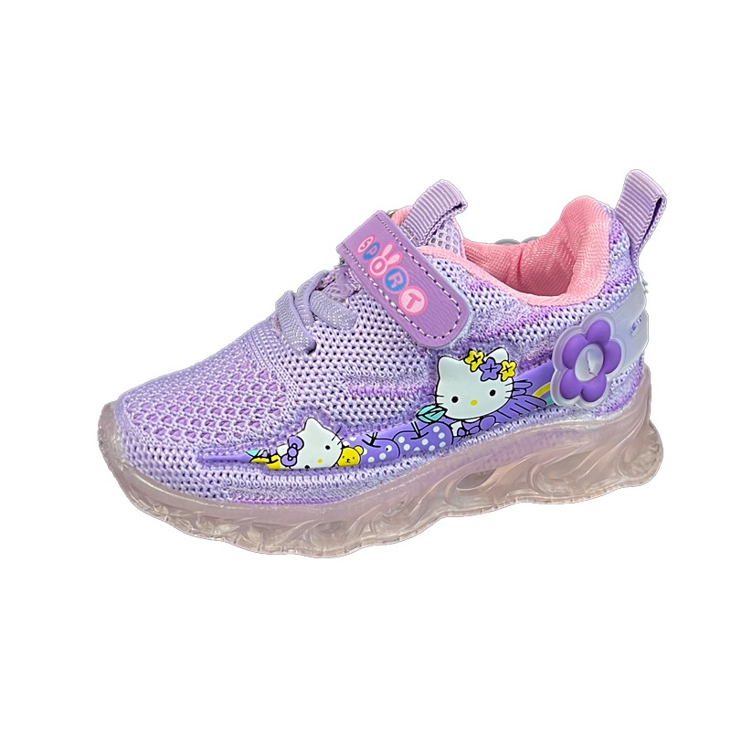 Giày Thể Thao Lưới Thoáng Khí Có Đèn LED Hình Hello Kitty Dễ Thương Cho Bé Gái
