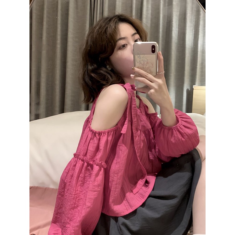 Off Shoulder Loose Ruffled Flared Sleeves Long Sleeve Spaghetti-Strap Top Áo Kiểu Trễ Vai Tay Phồng Thiết Kế Cột Dây Thời Trang Mùa Xuân Kiểu Mới Cho Nữ