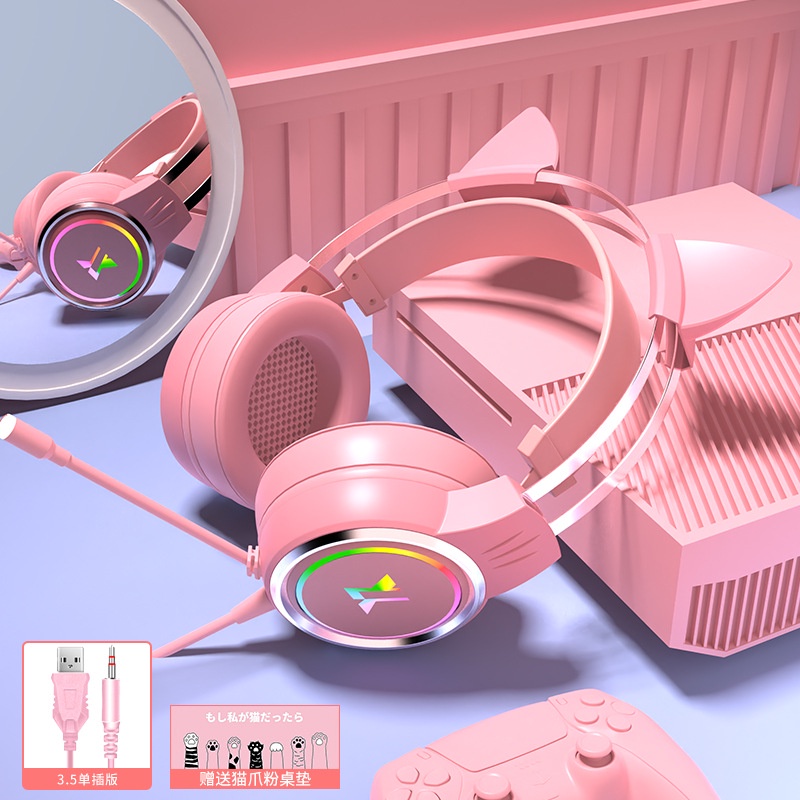 Tai Nghe Chụp Tai Màu Hồng Có Mic Hình Tai Mèo Dễ Thương Cho PC Laptop