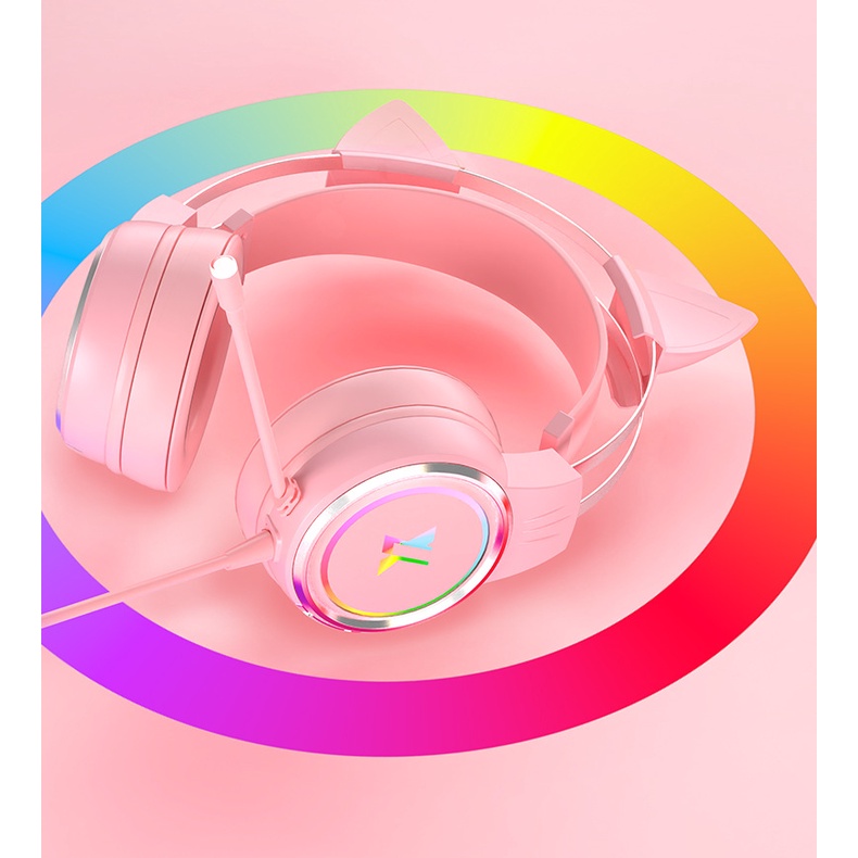 Tai Nghe Chụp Tai Màu Hồng Có Mic Hình Tai Mèo Dễ Thương Cho PC Laptop