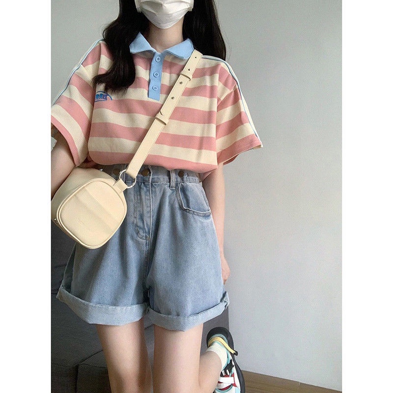 Set Áo Thun POLO Tay Ngắn Và Quần Short Họa Tiết Kẻ Sọc Phong Cách Preppy Thời Trang Mùa Hè 2023 Mới