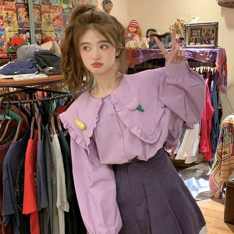 Áo Sơ Mi Tay Dài Viền Nấm Cổ Búp Bê Ba Chiều Phong Cách Hàn Quốc Thời Trang Mùa Xuân Mới Cho Nữ