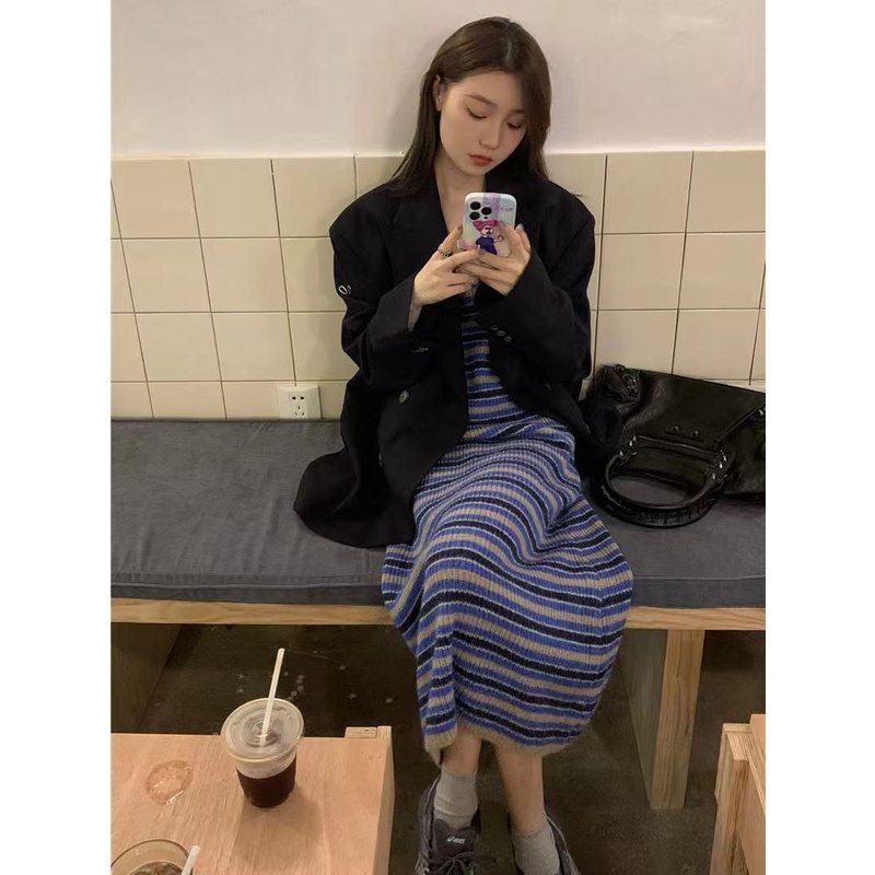 Đầm Dệt Kim Hai Dây Dáng Ôm Dài Họa Tiết Kẻ Sọc Thời Trang Xuân Thu Xinh Xắn Cho Nữ
