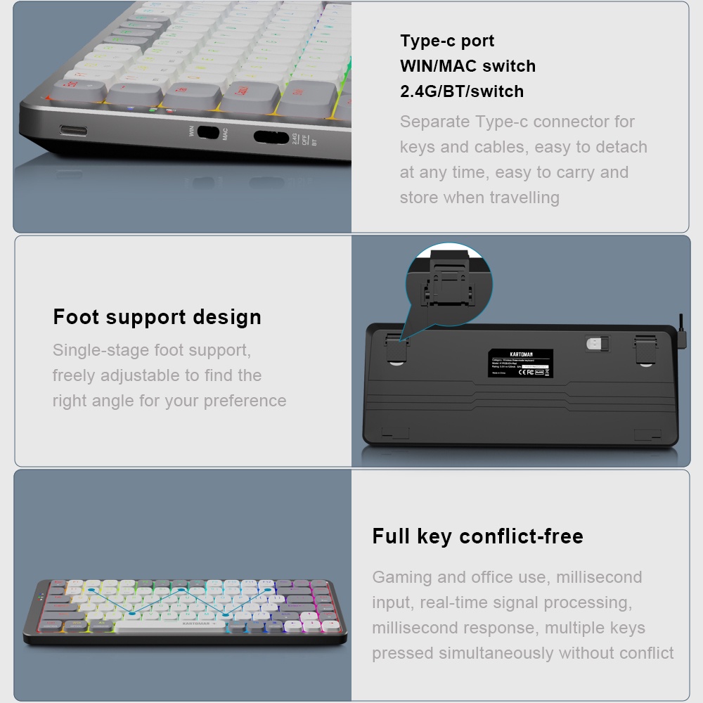 Bàn PhíM Cơ Gaming KARTOMAN K1 Bluetooth 5.0 USB 2.4G Cho Mac OS Windows PC