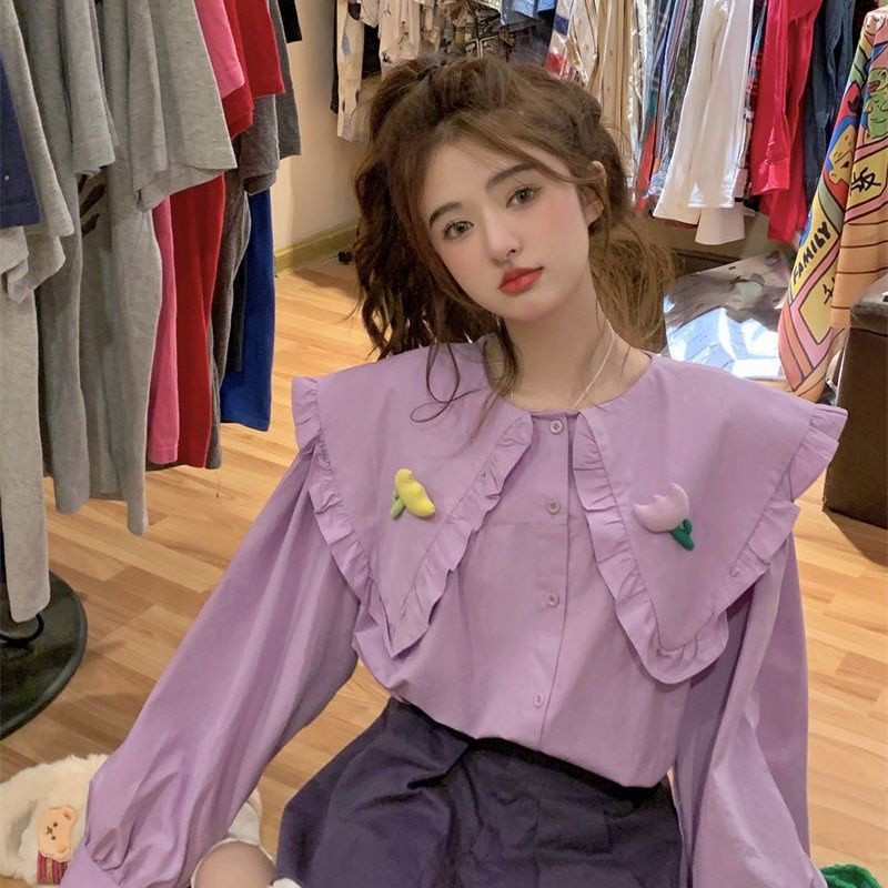 Áo Sơ Mi Tay Dài Viền Nấm Cổ Búp Bê Ba Chiều Phong Cách Hàn Quốc Thời Trang Mùa Xuân Mới Cho Nữ