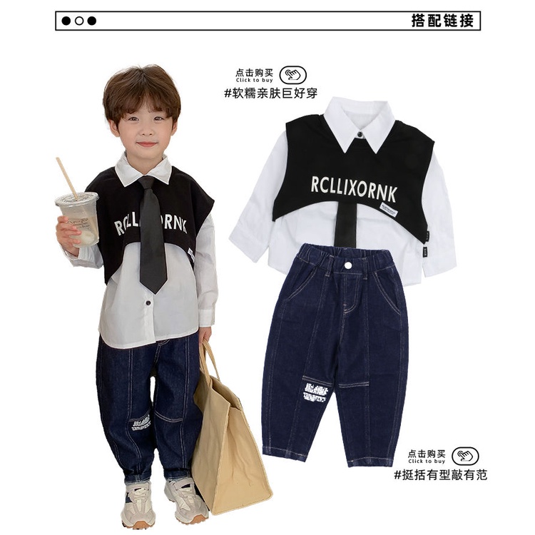 Set Áo Sơ Mi Tay Dài + Áo Khoác Ghi Lê Thời Trang Cho Bé Trai