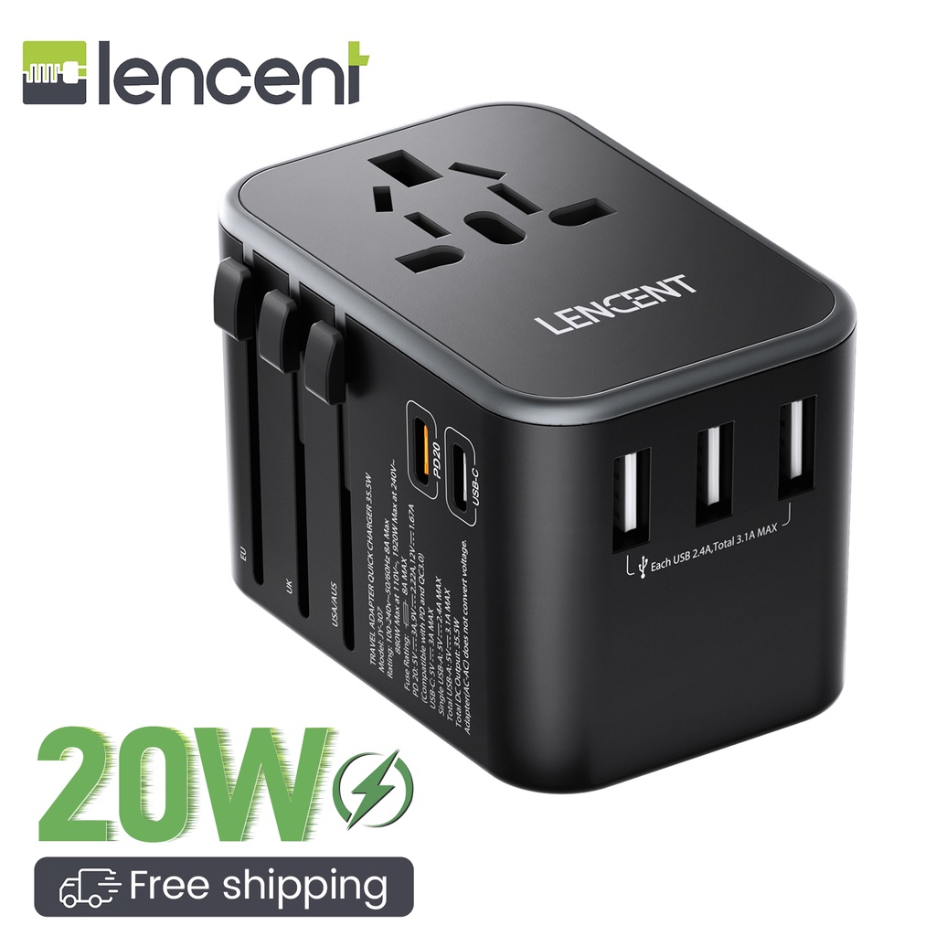 LENCENT 20W Fast Charger Universal Travel Adaptor with UK/USA/EU/AUS Worldwide Travel Charger Plug, 35.5W Total Output, 3 USB Ports and 2 Type C International Wall Adapter