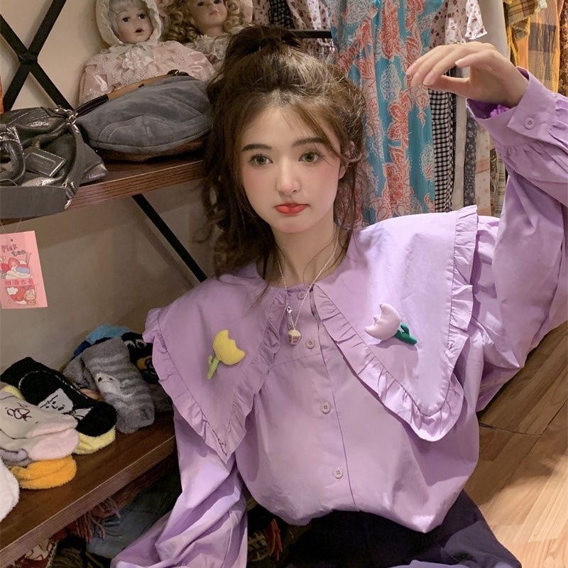 Áo Sơ Mi Tay Dài Viền Nấm Cổ Búp Bê Ba Chiều Phong Cách Hàn Quốc Thời Trang Mùa Xuân Mới Cho Nữ