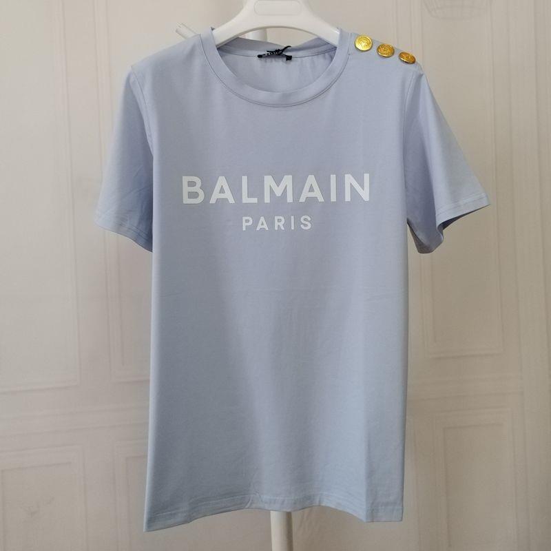 Balmain Áo Thun Tay Ngắn Cổ Tròn In Chữ balmain Phối Nút Màu Tím Nhạt Cho Nữ