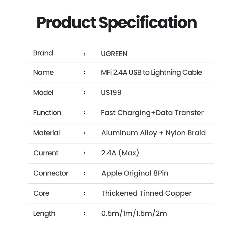 Ugreen Dây Cáp Sạc Nhanh mfi usb a Sang 2.4a Cho for iphone 14 / 13 / 12 / iphone xr / ipad