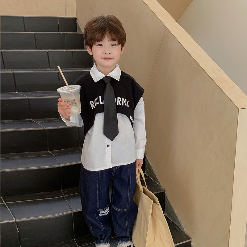 Set Áo Sơ Mi Tay Dài + Áo Khoác Ghi Lê Thời Trang Cho Bé Trai