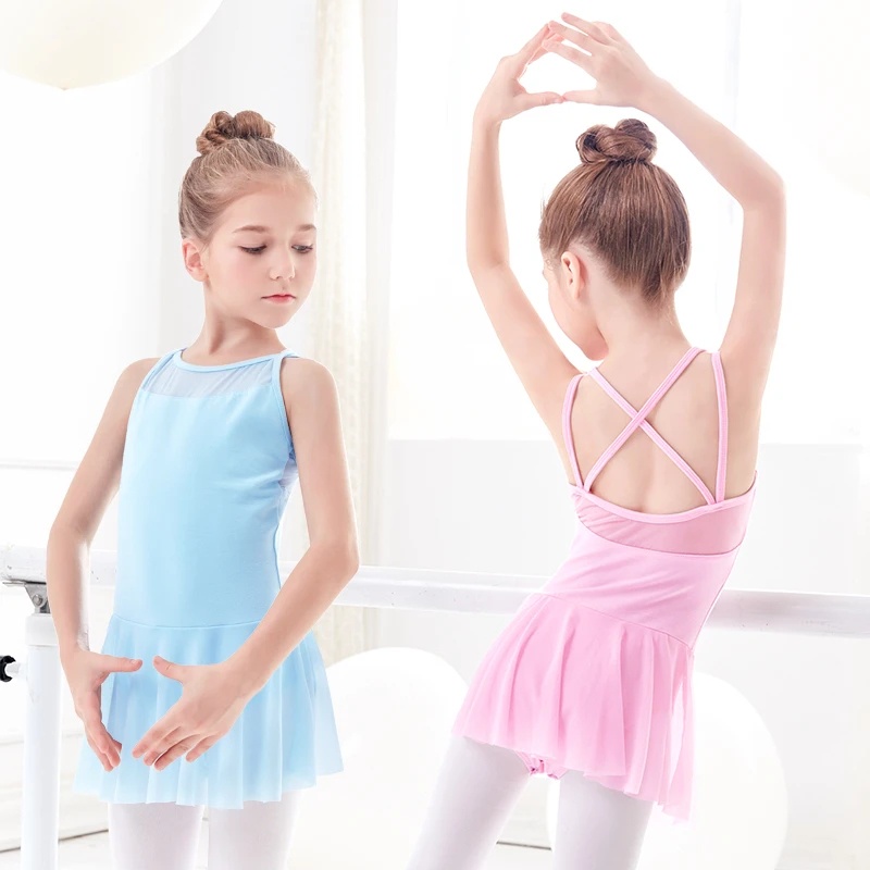 Bộ Áo Liền Quần Múa Ba Lê Hai Dây Không Tay Kèm Chân Váy Màu Hồng / Xanh Dương Cho Bé Gái