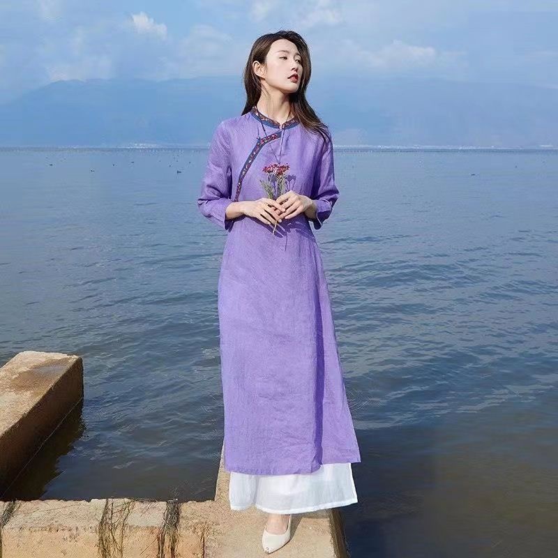 Hàng Mới Về Mới Đầm Sườn Xám Cách Tân Vải Lanh Cotton Thêu Họa Tiết Phong Cách Retro 2023
