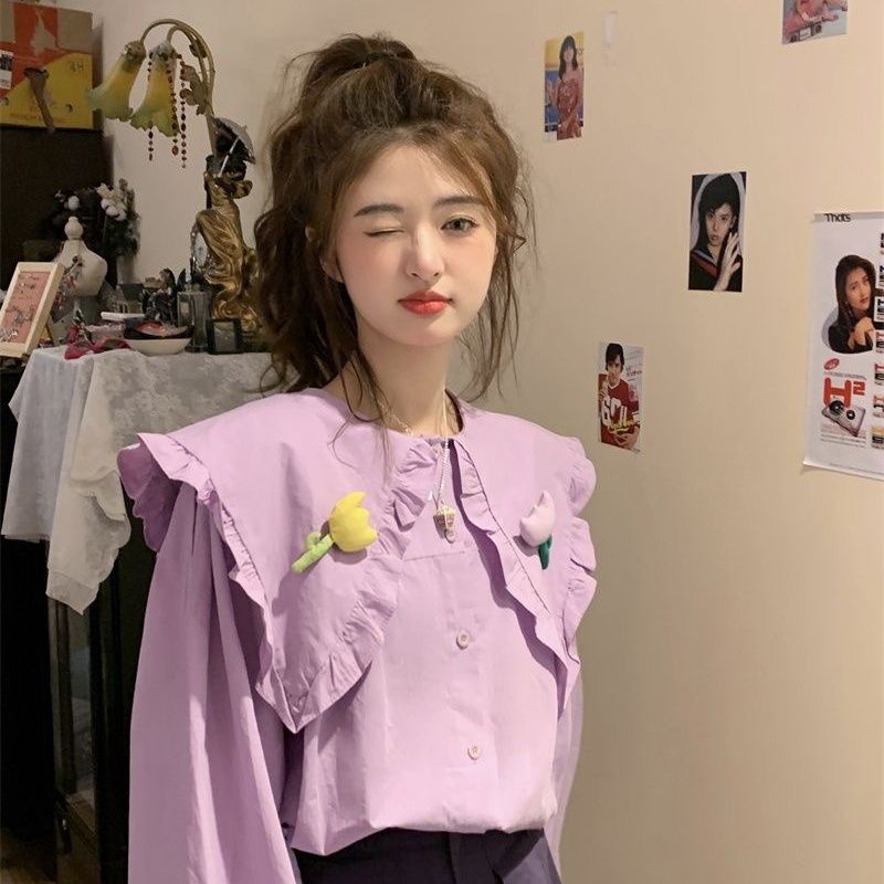 Áo Sơ Mi Tay Dài Viền Nấm Cổ Búp Bê Ba Chiều Phong Cách Hàn Quốc Thời Trang Mùa Xuân Mới Cho Nữ
