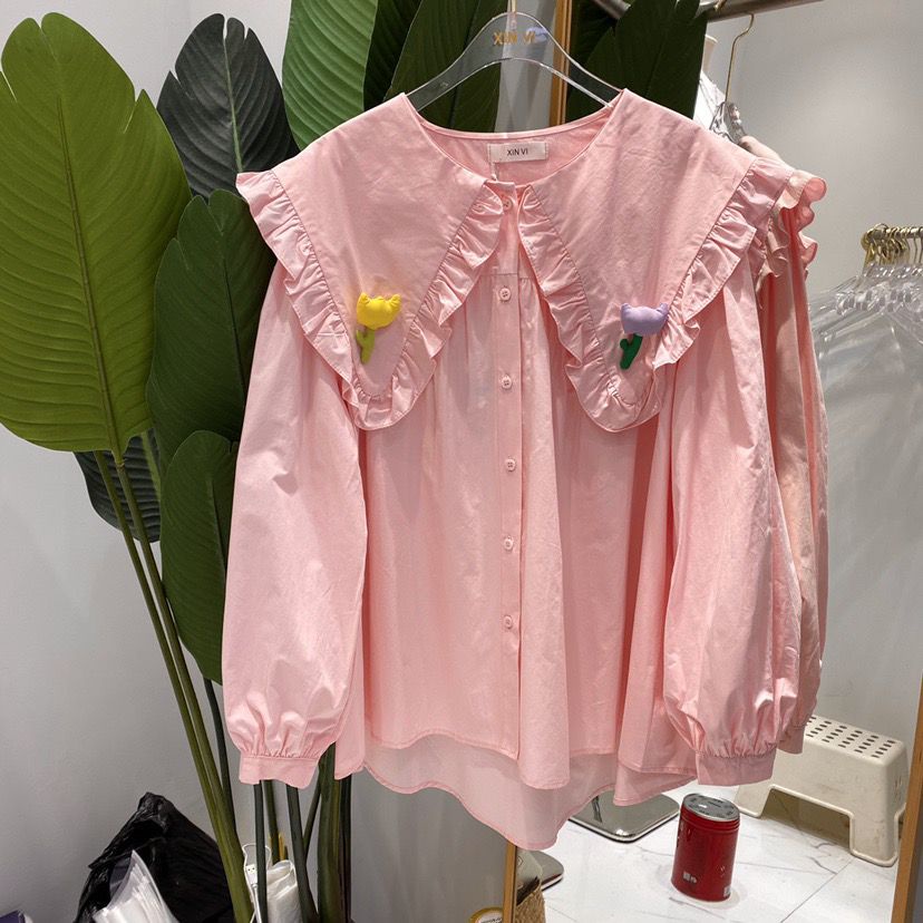 Áo Sơ Mi Tay Dài Viền Nấm Cổ Búp Bê Ba Chiều Phong Cách Hàn Quốc Thời Trang Mùa Xuân Mới Cho Nữ