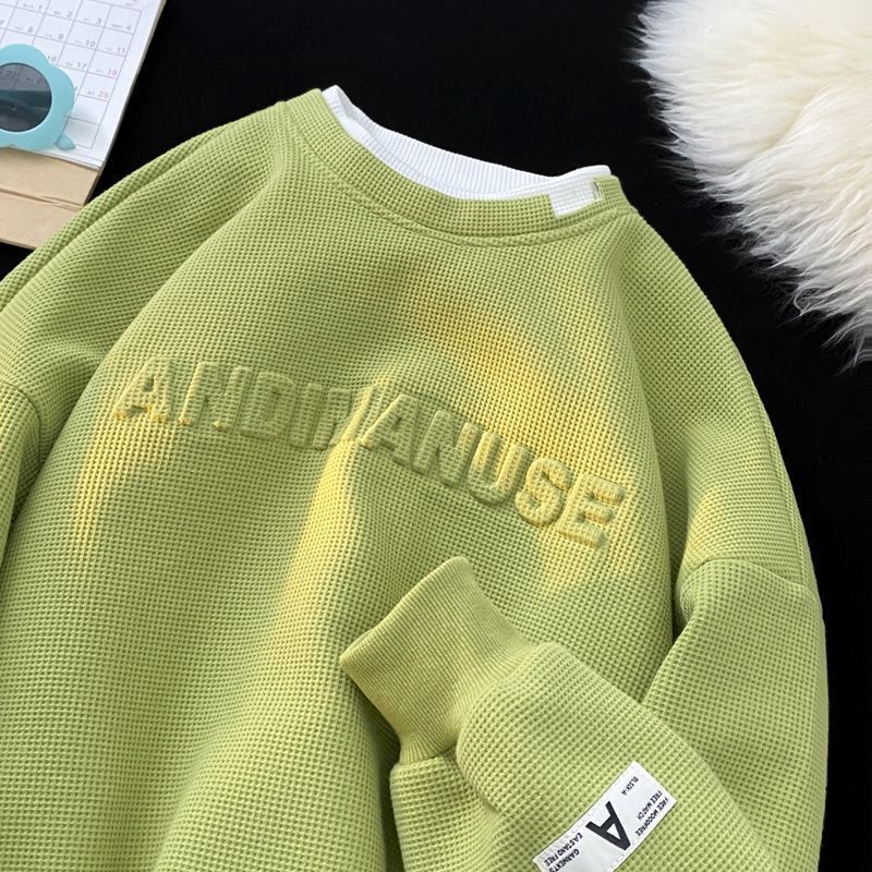 Áo sweater Cổ Tròn Giả Hai Lớp Màu Xanh Lá Cây Hạng Nặng Hợp Thời Trang ins waffle Cho Nam o