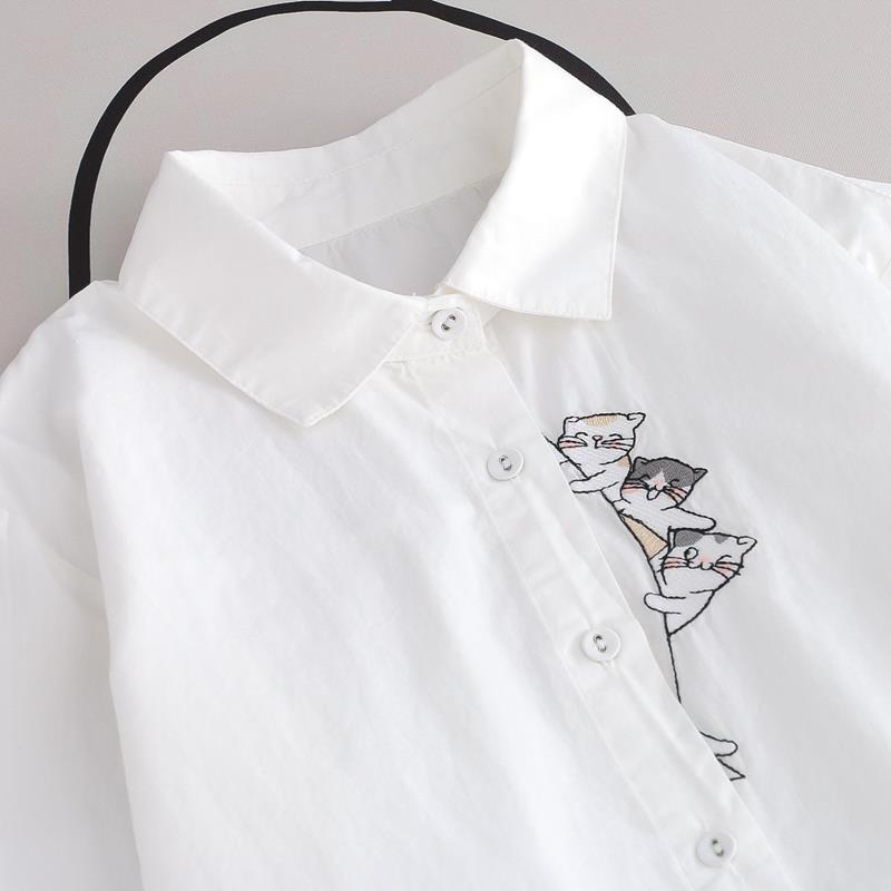 Áo Sơ Mi Tay Dài Vải Cotton Thêu Hình Mèo Thời Trang Xuân Thu Cho Nữ