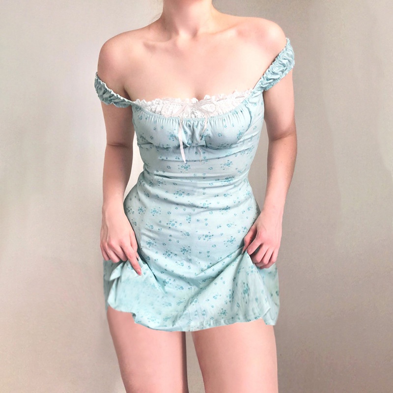 Đầm Mini Dáng Chữ A Phối Ren In Hoa Kiểu Retro Xinh Xắn Cho Bạn Gái