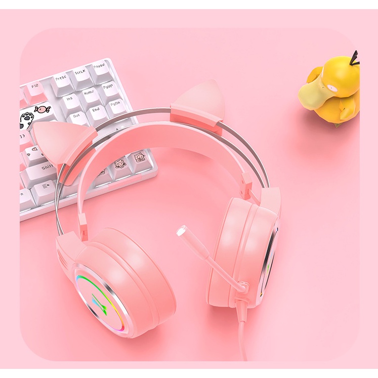 Tai Nghe Chụp Tai Màu Hồng Có Mic Hình Tai Mèo Dễ Thương Cho PC Laptop