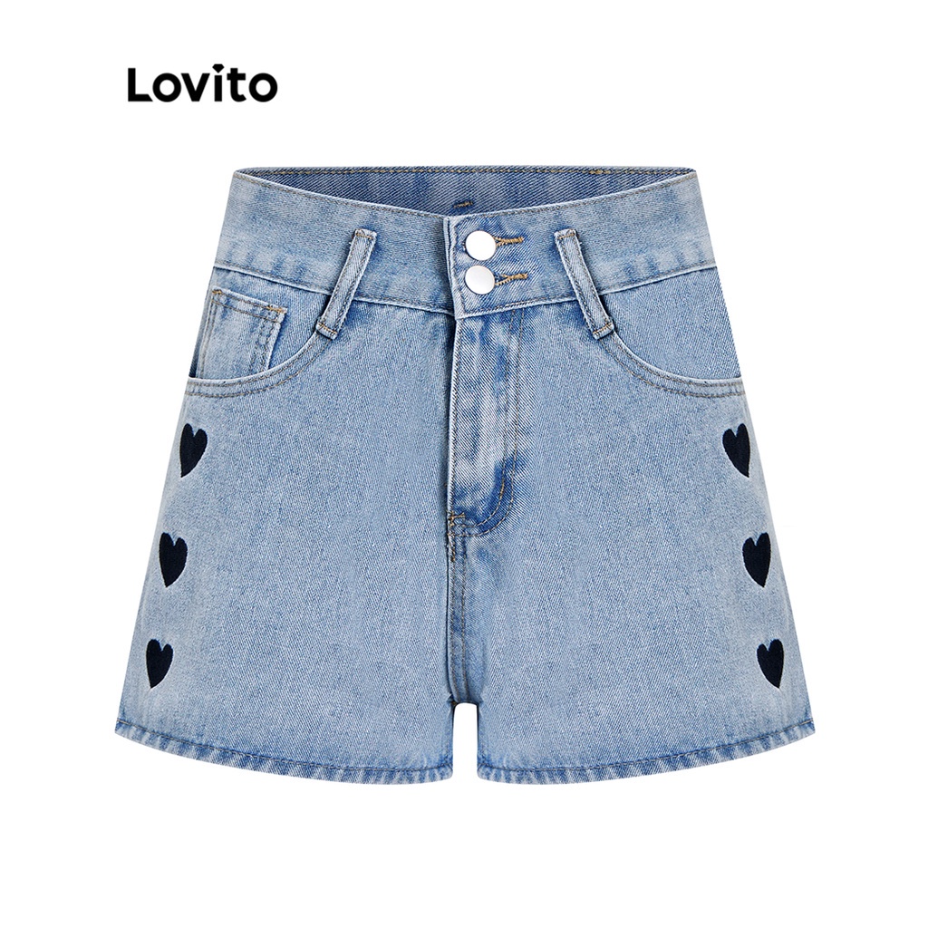 Quần short Lovito họa tiết trái tim ống rộng L02069 (Xanh lam)