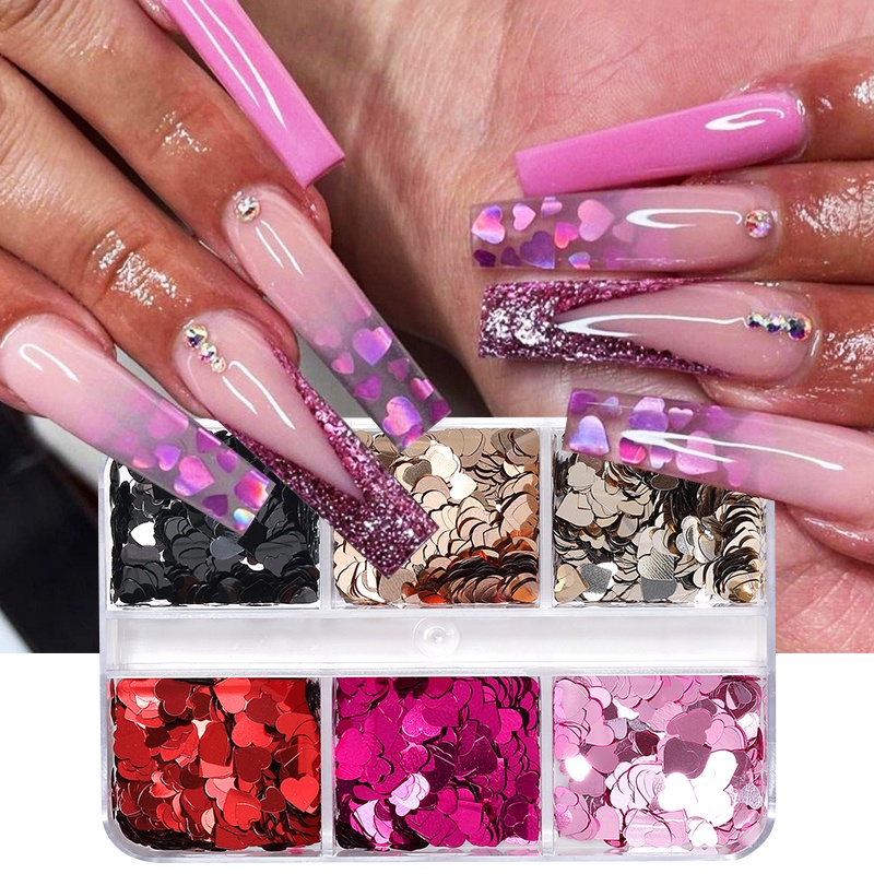 UR SUGAR Hộp 6 Ngăn Đựng Hạt Kim Sa Trái Tim Trang Trí Móng Tay