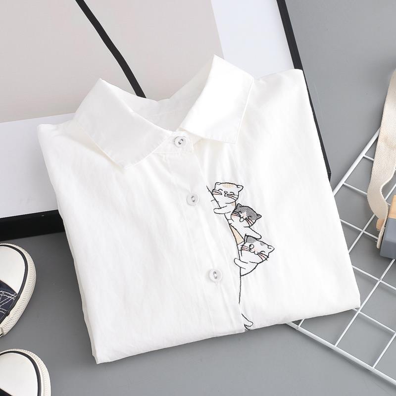 Áo Sơ Mi Tay Dài Vải Cotton Thêu Hình Mèo Thời Trang Xuân Thu Cho Nữ
